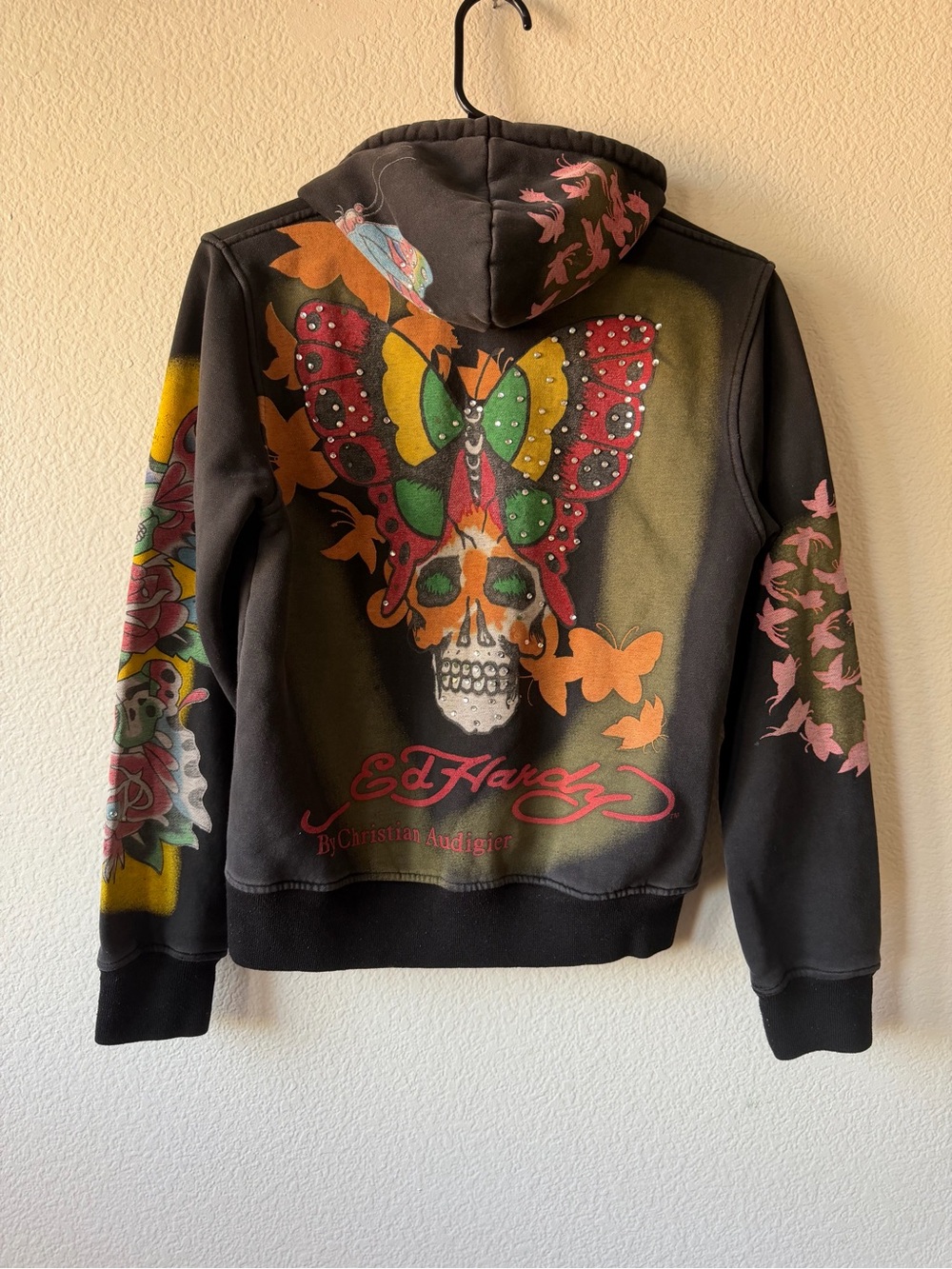 Y2K Ed Hardy Black Zip-Up Hoodie with Colorful Skull & Butterfly Graphic